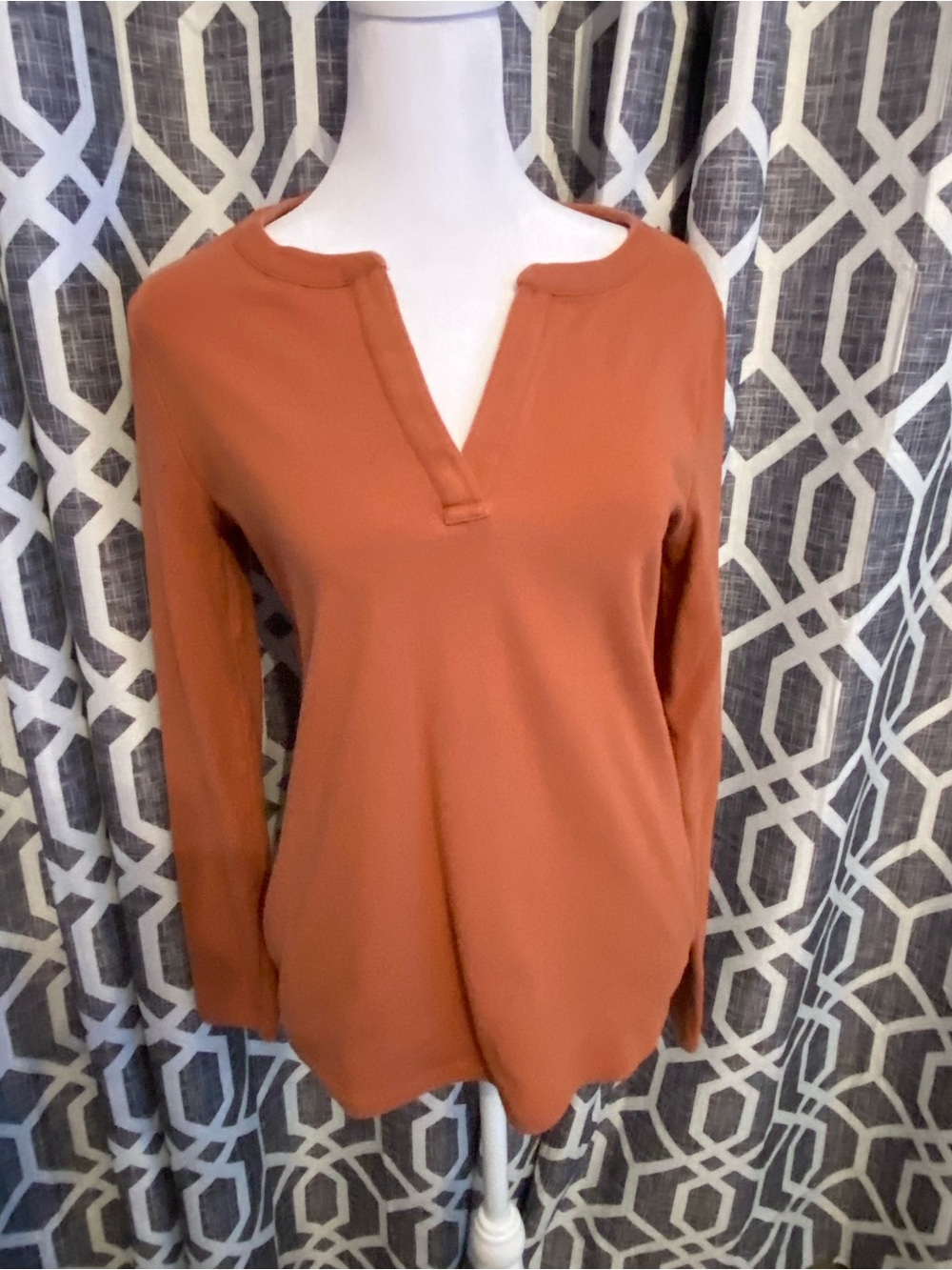 Ann Taylor Rust-Orange Long Sleeve Notch Neck Top